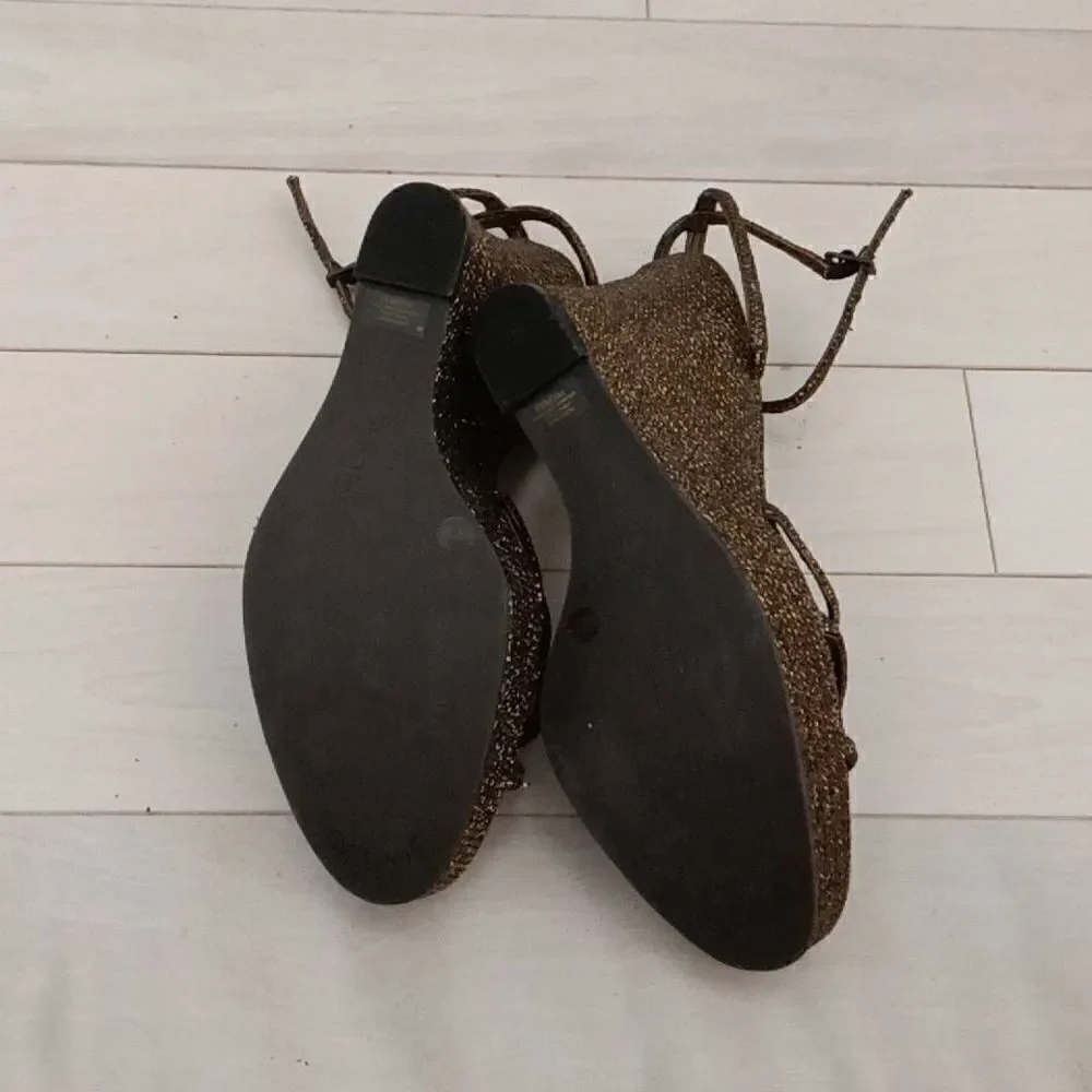BCBG Girls Women's Brown Bronze Ankle Strap Open Toe Wedge Heels Size 8
